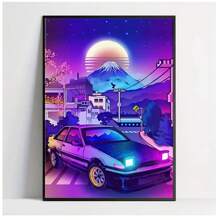1 幅东京风格复古汽车帆布艺术印刷品 - 无框海报，适用于现代家居和办公室装饰，充满活力的街头赛车主题墙壁艺术，适用于客厅、卧室 - 彩色 - 查看 1