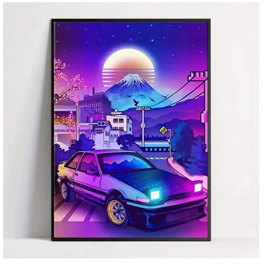 1 幅东京风格复古汽车帆布艺术印刷品 - 无框海报,适用于现代家居和办公室装饰,充满活力的街头赛车主题墙壁艺术,适用于客厅、卧室 - 彩色 - 查看 1