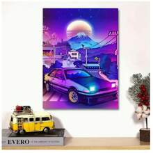 1 幅东京风格复古汽车帆布艺术印刷品 - 无框海报，适用于现代家居和办公室装饰，充满活力的街头赛车主题墙壁艺术，适用于客厅、卧室 - 彩色 - 查看 4