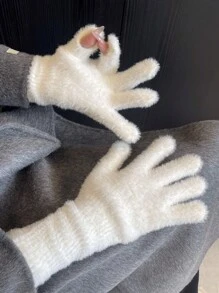 1 双柔软蓬松半指手套，长款保暖，冬季保暖臂套，分指手套，冬季貂皮触摸屏手套，日式可爱简约时尚 - 白色 - 查看 7