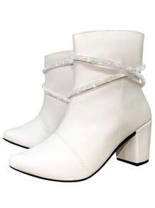 Women's Pointed Toe Luxury Boot With Rhinestone Straps Block Heel Comfortable Boot Ref. 20/131 - 白色 - 查看 1
