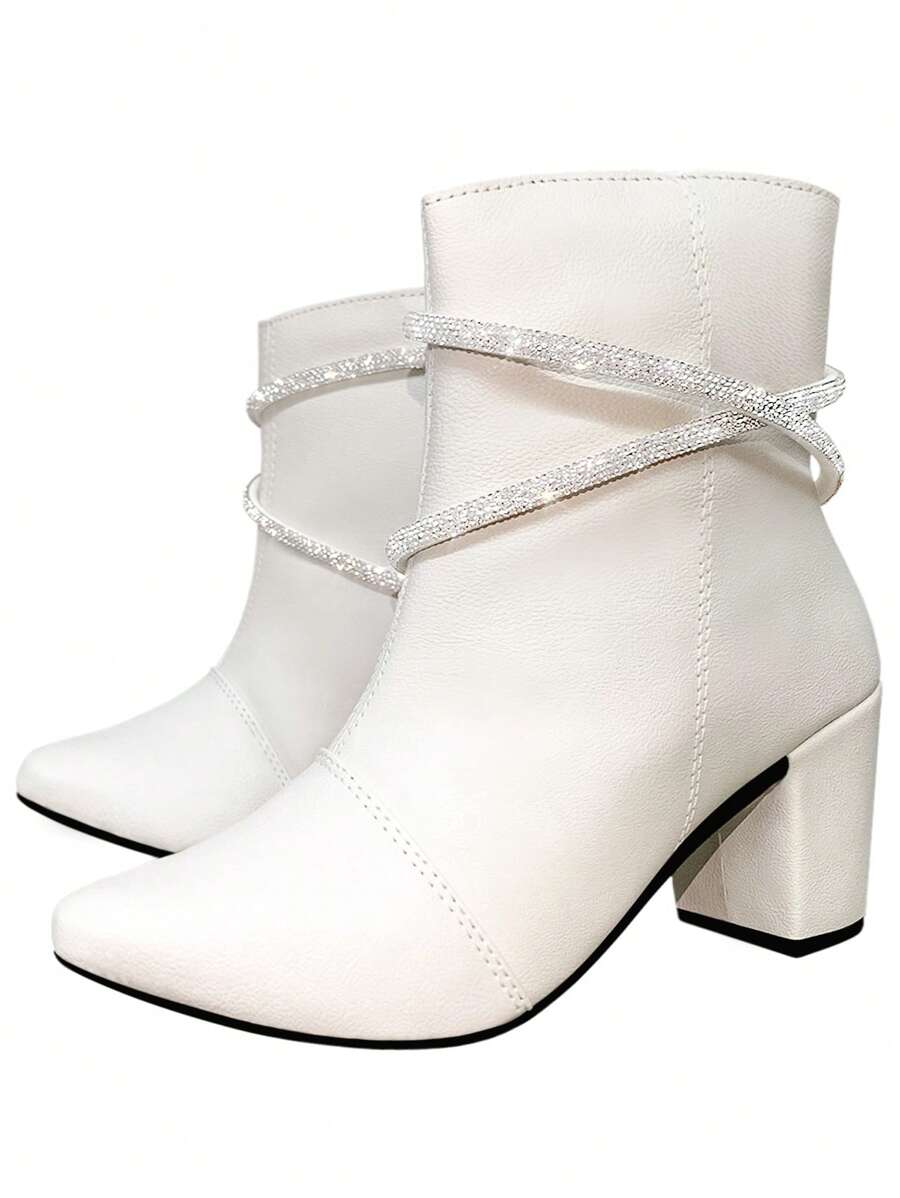 Women's Pointed Toe Luxury Boot With Rhinestone Straps Block Heel Comfortable Boot Ref. 20/131 - 白色 - 查看 1