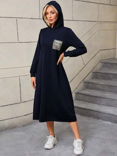 Women's Pocket Printed Appliqued Knit Hooded Long Sleeve Dress, Long Knit Dresses