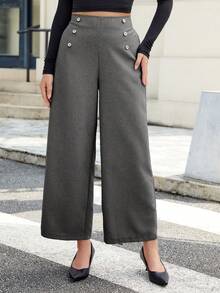 Fashion Women's Non-Stretch Wide Leg Pants, Double Button Zipper Fly, Suitable For Autumn Wear - Dark Grey - View 3