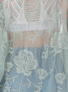 Womens Long Embroidered Lace Kimono Cardigan With Half Sleeves - 綠色 - 查看 6