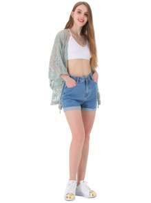 Womens Long Embroidered Lace Kimono Cardigan With Half Sleeves - 綠色 - 查看 3