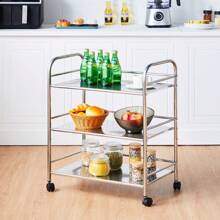 CLIPOP Carrello da cucina su ruote, carrello da servizio in acciaio inox con ruote, carrello da nicchia con 3 ripiani, ripiano con rotelle, carrello da cucina, carrello portaoggetti, carrello laterale, carrello da tè, cucina, argento (35 x 50 x 75 cm / 35 x 60 x 75 cm ) - Argento - Visualizzare 1