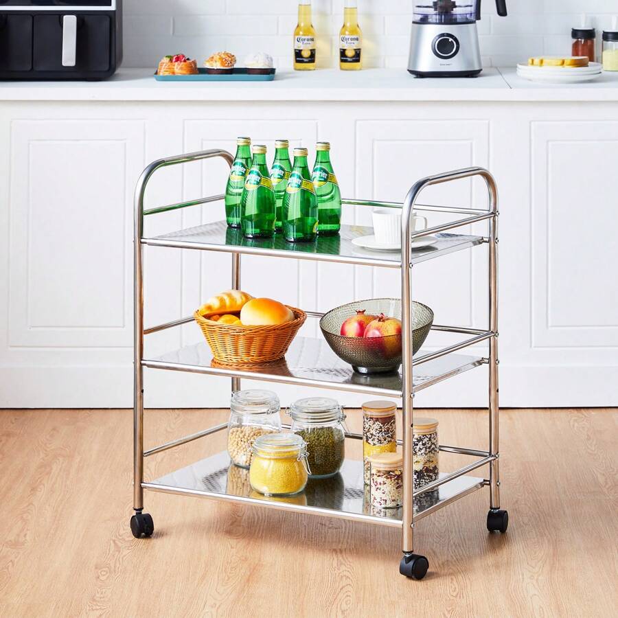 CLIPOP Carrello da cucina su ruote, carrello da servizio in acciaio inox con ruote, carrello da nicchia con 3 ripiani, ripiano con rotelle, carrello da cucina, carrello portaoggetti, carrello laterale, carrello da tè, cucina, argento (35 x 50 x 75 cm / 35 x 60 x 75 cm ) - Argento - Visualizzare 1