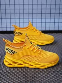 Men's Hollow Knit Breathable Sports Casual Running Road Shoes, All Season, For Active Jeans Outfit - Yellow - View 6