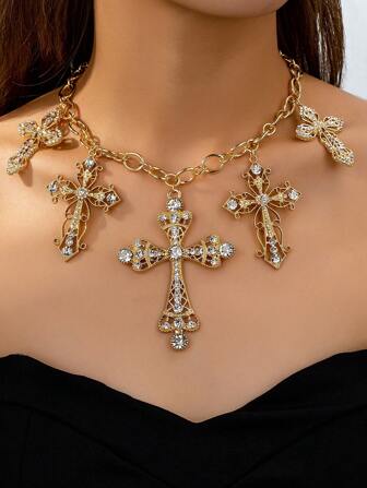 1 st Multi Cross Charm Halsband , Golden Color Cross Statement Halsband För Kvinnor , Chunky Chain Halsband Smycken , Kvinnor Present , Cross Smycken För Kvinnor