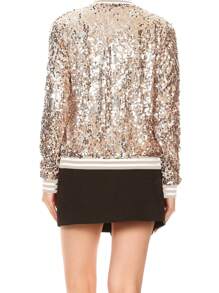 Womens Sequin Long Sleeve Front Zip Jacket With Ribbed Cuffs Bomber For Party - Champagne - View 2