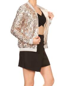 Womens Sequin Long Sleeve Front Zip Jacket With Ribbed Cuffs Bomber For Party - Champagne - View 4