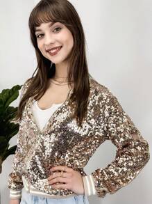 Womens Sequin Long Sleeve Front Zip Jacket With Ribbed Cuffs Bomber For Party - Champagne - View 6