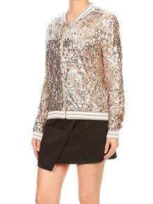 Womens Sequin Long Sleeve Front Zip Jacket With Ribbed Cuffs Bomber For Party - Champagne - View 3