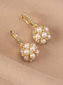 1 对优雅精致高端魅力香港风格女士耳环，甜美珍珠锆石吊坠耳环 - 金色 - 查看 6