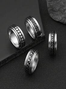 4pcs Men's Anxiety Ring Retro Pattern Water Wave Pattern Flame Pattern Lunar Eclipse Pattern Stainless Steel Rotatable Fashion Cool Suitable For Everyday Wear Holiday Gift New Year Gift For Boyfriend Gift - Retro Pattern - View 1