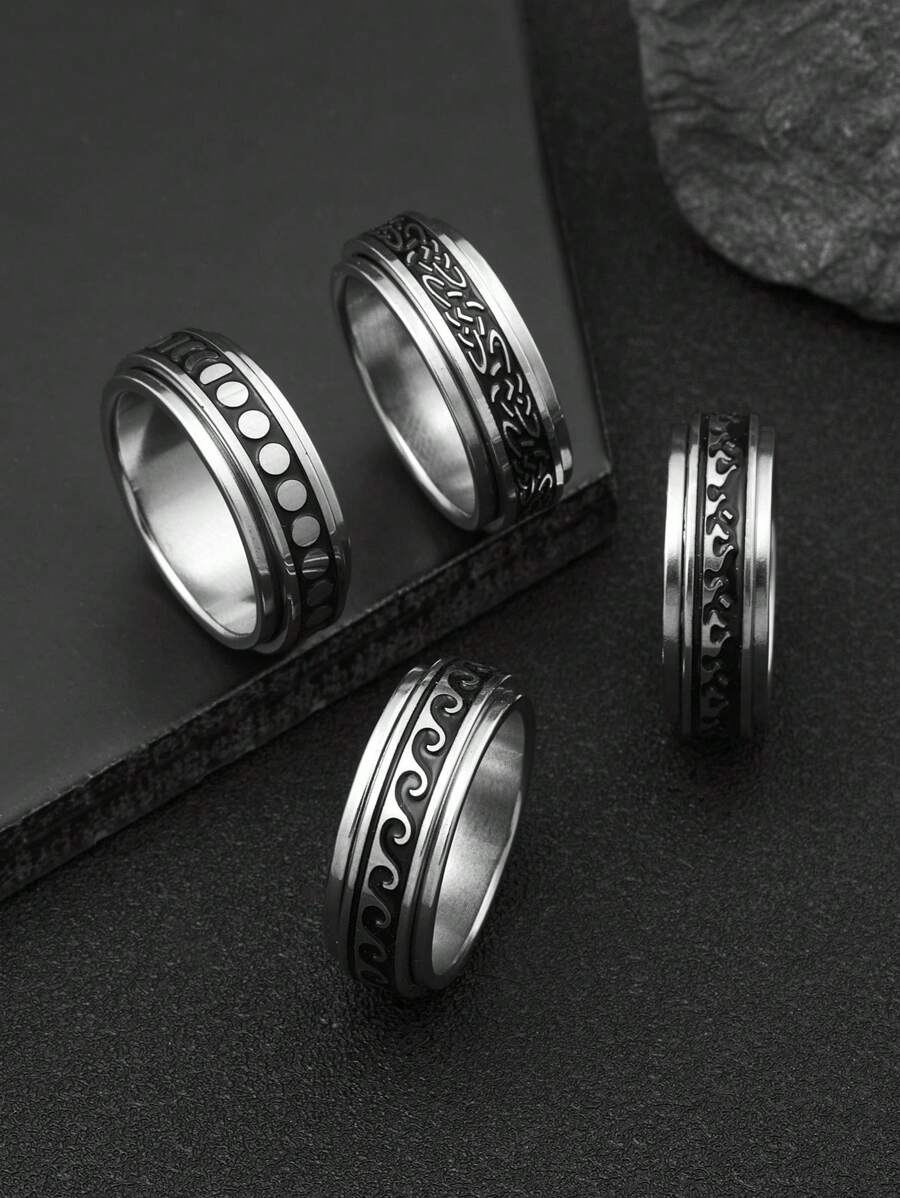 4pcs Men's Anxiety Ring Retro Pattern Water Wave Pattern Flame Pattern Lunar Eclipse Pattern Stainless Steel Rotatable Fashion Cool Suitable For Everyday Wear Holiday Gift New Year Gift For Boyfriend Gift - Retro Pattern - View 1