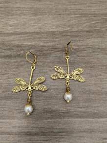 1 Paire De Boucles D'oreilles Crochets Pendentifs Style Bohémien Vintage Libellule & Perles Vertes Fausses Pour Femmes, Cadeau De Bijoux Pour Fêtes Et Voyages