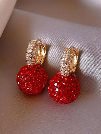 1 Pair Elegant Rhinestone Red Ball Pendant Earrings For Women