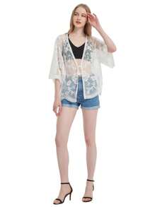 Womens Long Embroidered Lace Kimono Cardigan With Half Sleeves - 白色 - 查看 5