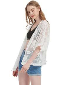 Womens Long Embroidered Lace Kimono Cardigan With Half Sleeves - 白色 - 查看 3