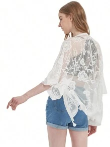 Womens Long Embroidered Lace Kimono Cardigan With Half Sleeves - 白色 - 查看 2