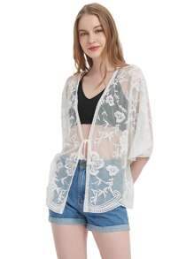 Womens Long Embroidered Lace Kimono Cardigan With Half Sleeves - 白色 - 查看 4