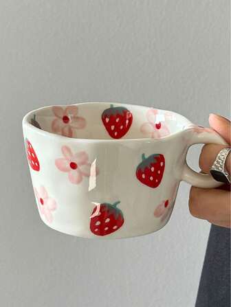 1pc Handpainted Strawberry Ceramic Coffee Mug, Creative Handcrafted Ceramic Cup, Classic Beverage Cup With Handle, Suitable For Hot Or Cold Drinks, Summer & Winter Tableware, Halloween, Christmas, Wedding, Birthday, Valentine's Day Gift