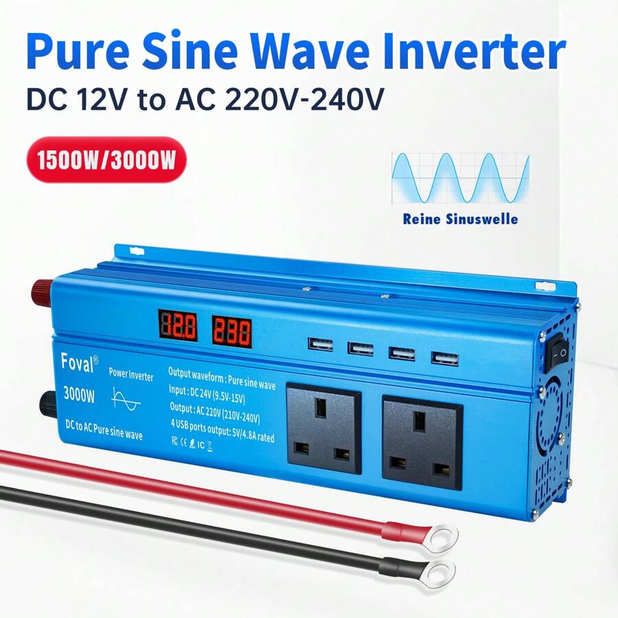 Pure Sine Wave Voltage Converter, 1500W / 3000W (Peak) Inverter  12V To AC 230V With 2 Sockets And 4 USB Ports For Cars, Vehicles, Caravans, Outdoors, Homes