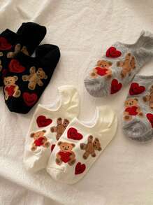 1/3 Pairs Of Women's Invisible Socks, Love Bear Ankle Socks, Suitable For All Seasons, Random Colors - View 3