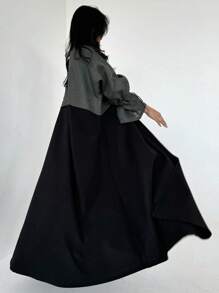 1 件优雅休闲纯色长袍 Abaya，精致的蕾丝拼布，精湛的工艺和优雅的高端质地，时尚而有型 - 灰色 - 查看 4