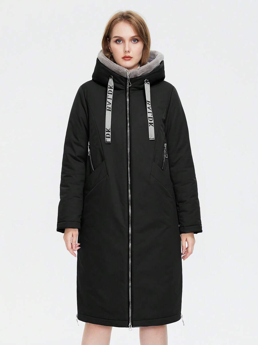 Astrid Plus Size Front Zipper Long Sleeve Padded Coat With Furry Patchwork, Casual Design, For Winter - Black - View 1