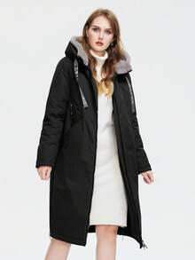 Astrid Plus Size Front Zipper Long Sleeve Padded Coat With Furry Patchwork, Casual Design, For Winter - Black - View 3