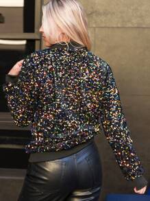 Chaqueta brillante con lentejuelas para mujer, chaqueta tipo bomber con cremallera delante, mangas largas y puños acanalados - Multicolor - Ver 2