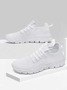 أحذية رياضية كاجوال للرجال، تصميم رباط أنيق، أحذية جري من الشبك للخارج والمشي، أحذية رياضية بنمط عصري مضادة للانزلاق باللون الأبيض