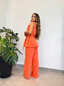 Tailoring Set Of Vest And Pants With Wonderful Belt - Orange - View 2