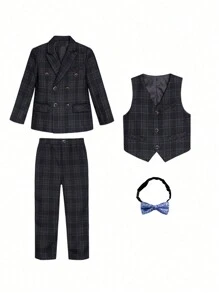 4 件套小男孩西装套装：格子外套、背心、裤子、领结，适合婚礼、节日、生日派对场合