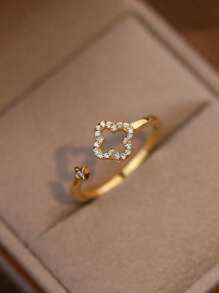 1 Elegant And Unique Sterling Silver Cubic Zirconia Hollow Four Leaf Clover Open Ring, Suitable As A Gift For Women And For Daily Wear - Yellow - View 4