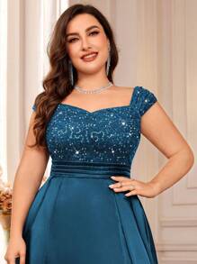 Plus Size Sequin Lace Satin Slit Evening Dress, Suitable For Valentine's Day, Summer, Wedding Guest, Graduation Dance, Birthday, Gala, Commencement Ceremony And Other Occasions Spring - Dusty Blue - View 8