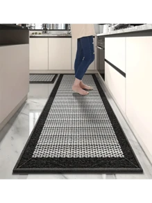 Washable Polyester Plaid Kitchen Mat, Minimalist & Fashionable Rectangular Rug, Suitable For Kitchen, Dining Room, Home Decor, Room Decoration Accessories, Indoor Decoration - Black and White - View 1