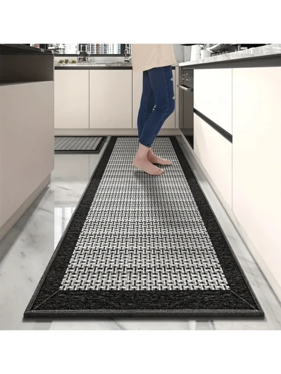 可水洗涤纶格子厨房地垫，简约时尚长方形地毯，适用于厨房、餐厅、家居装饰、房间装饰配件、室内装饰