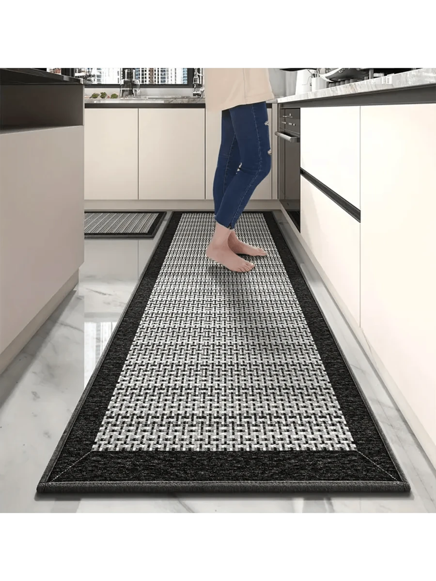 Washable Polyester Plaid Kitchen Mat, Minimalist & Fashionable Rectangular Rug, Suitable For Kitchen, Dining Room, Home Decor, Room Decoration Accessories, Indoor Decoration - Black and White - View 1