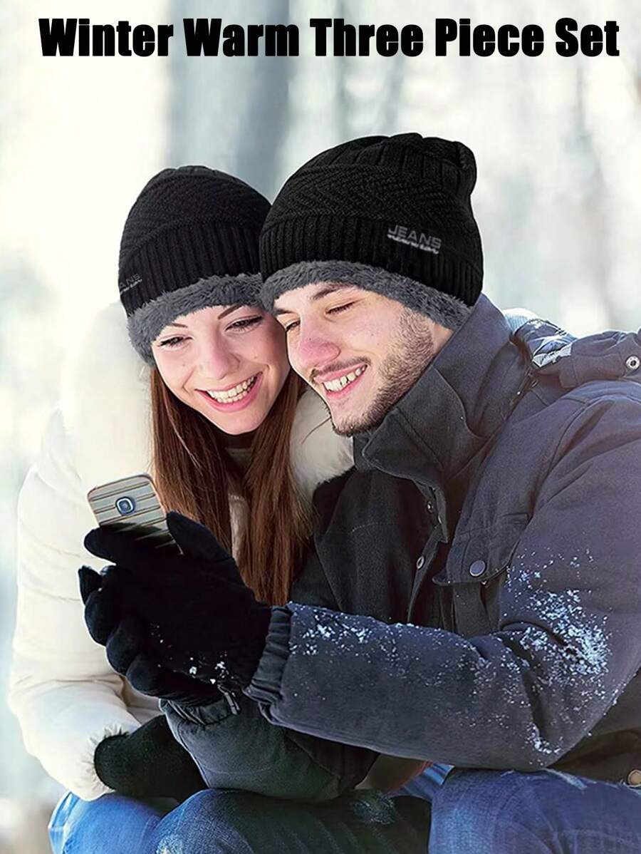 Outdoor Solid Color Knit Hat, Scarf And Glove Set, Warm Thermal Lined , Fashion Winter Accessories, Perfect Gift