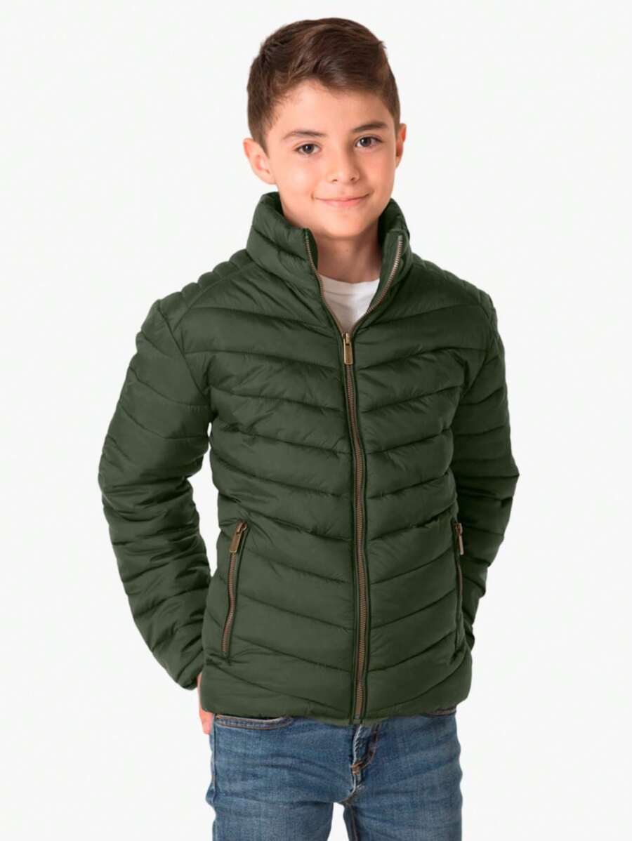 Chamarra Chaqueta Juvenil con Estilo de Calle para Niños Pequeños con Cremallera Cuello Alto Puños y Dobladillo con Elastico al Tono Adecuada para cualquier Ocasion para uso Diario Casual Peluche Interno Moda - Verde Oliva - Ver 1