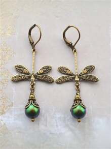 1 Paire De Boucles D'oreilles Crochets Pendentifs Style Bohémien Vintage Libellule & Perles Vertes Fausses Pour Femmes, Cadeau De Bijoux Pour Fêtes Et Voyages