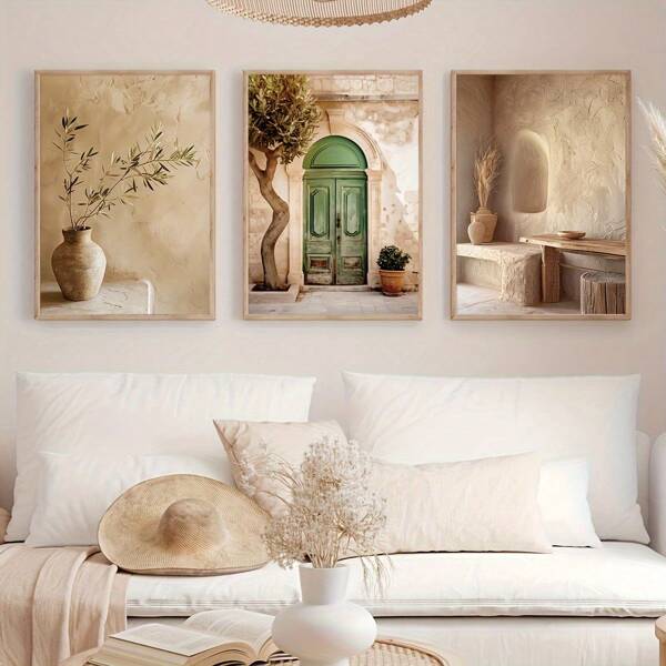 3 Pieces Tuscan City Gallery Wall Art Prints , Vintage Mediterranean Beige Green Olive Poster, Modern Decorative Framed Canvas Decorative Art Prints For Living Room Bedroom Home Office - Art Interior Geometric Patterns, Minimalist Spring Seasonal Theme Decoration