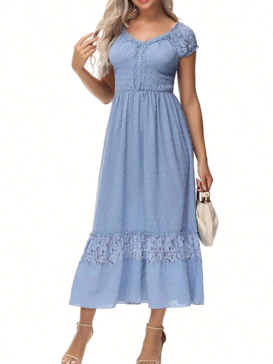 Renaissance Peasant Maiden Boho Inspired Cap Sleeve Lace Trim Maxi Dress - Màu xanh da trời - Xem 1