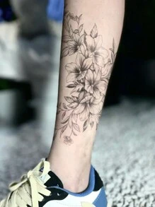 2 件/套防水持久性感花卉临时纹身贴纸，黑兰花图案，适用于女性、节日、派对、日常服装、手臂、胸部、背部、身体装饰 - 黑色 - 查看 5