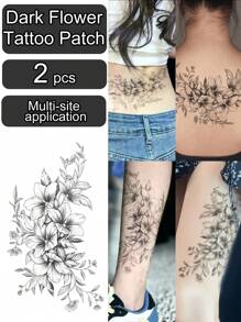 2 件/套防水持久性感花卉临时纹身贴纸，黑兰花图案，适用于女性、节日、派对、日常服装、手臂、胸部、背部、身体装饰 - 黑色 - 查看 1