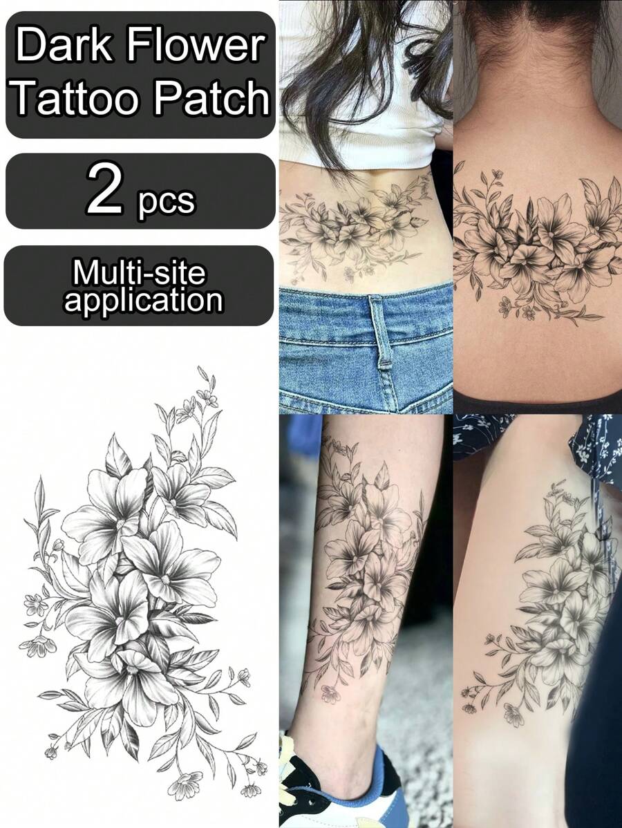 2 件/套防水持久性感花卉临时纹身贴纸，黑兰花图案，适用于女性、节日、派对、日常服装、手臂、胸部、背部、身体装饰 - 黑色 - 查看 1